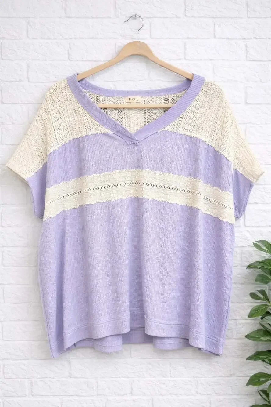 POL V-Neck Crochet Lace Inset Waffle Knit Top in Lavender - Picture 4 of 8